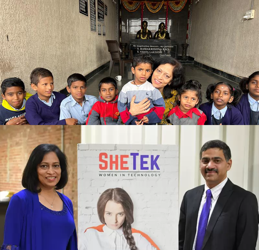 Chaya Pamula with SOFKIN kids and SheTek logo.